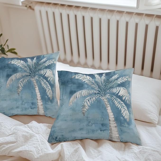 Coastal Beach Tree Blue Grey Outdoor Waterproof Pillow Covers, Vintage Summer Palm Tree Decorative Square Throw Pillowcase, Tropical Botanical Sofa Cushion Sham for Patio/Couch/Chair, 18"x18" 2 Pack