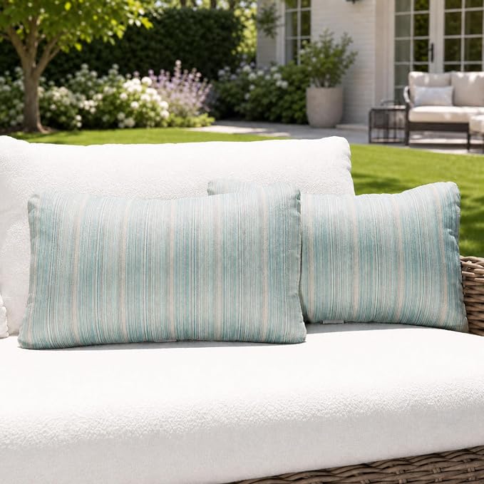 Set of 2 Outdoor Lumbar Pillows with Inserts, 12x20 Inch Patio Pillows with Water Resistant Cover, Removable Zipper Outdoor Throw Pillow for Wicker Furniture, Sofa, Garden and Porch