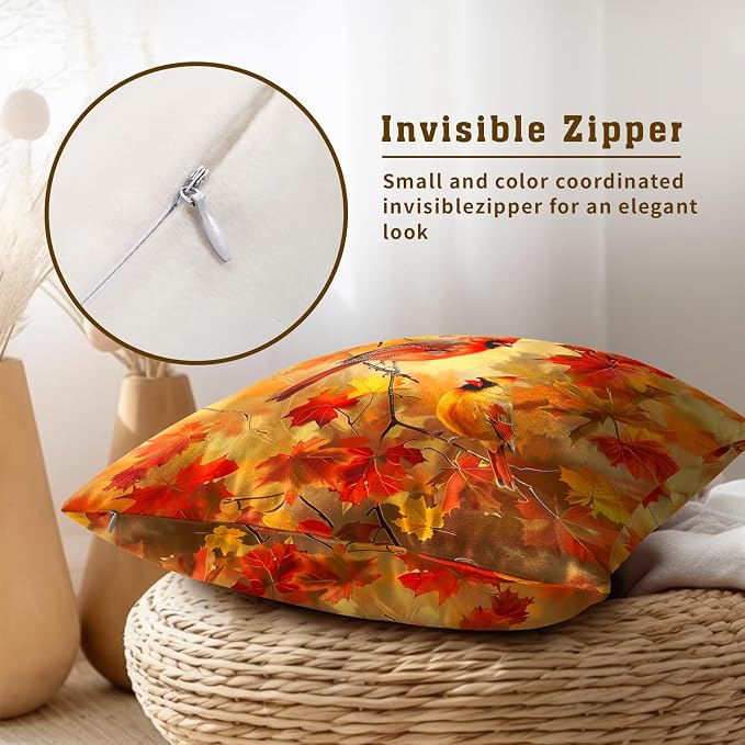 Fall Throw Pillow Covers 22x22 Set of 2, Autumn Maple Leaves Birds Harvest Season Decorative Pillow Cases Cotton Linen Cushion Cover for Living Room Bed Sofa Car Home Decor