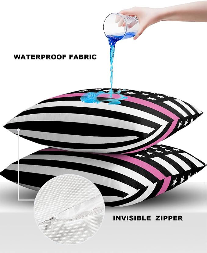 Outdoor Waterproof Pillow Covers Set of 2, Thin Pink Line Breast Cancer Awareness Women USA American Flag Patio Throw Pillow Covers, Decorative Cushion Case for Couch Sofa Furniture Garden, 24x24 Inch
