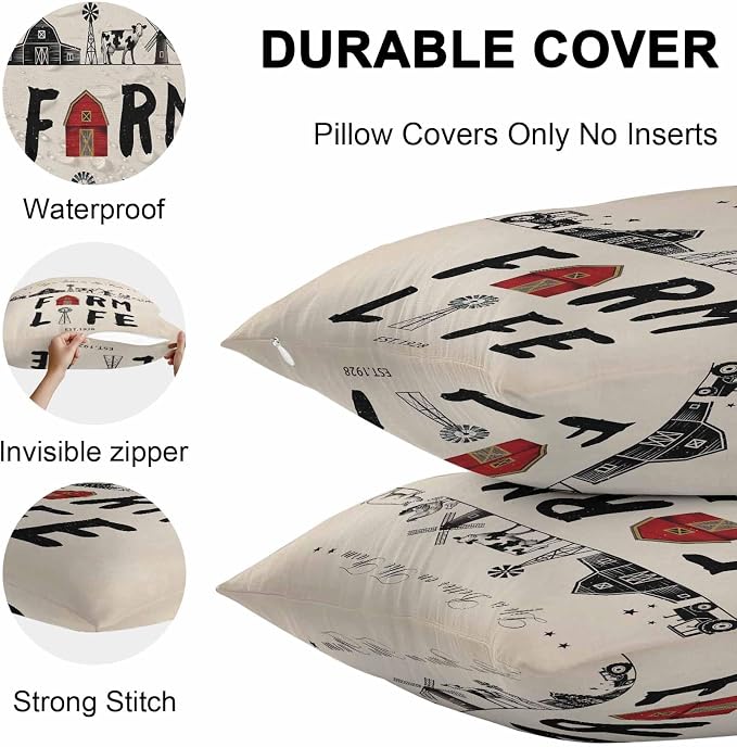Outdoor Throw Pillows Covers 24x24 inch Set of 2 Waterproof Farm Life Decorative Zippered Cushion Covers for Patio Furniture, Retro Farmhouse Red Barn Windmill Cow Chicken Tractors Lumbar Pillowcases