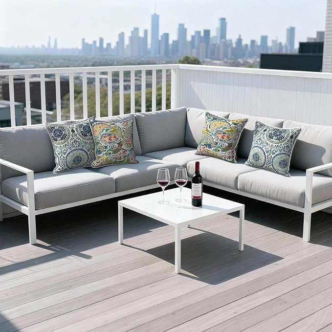 Outdoor Throw Pillows Inners, Fade Resistant Patio Furniture Square Pillows with Piping Set of 2 for Patio Furniture, 18x18 Inch, Celadon Wreath