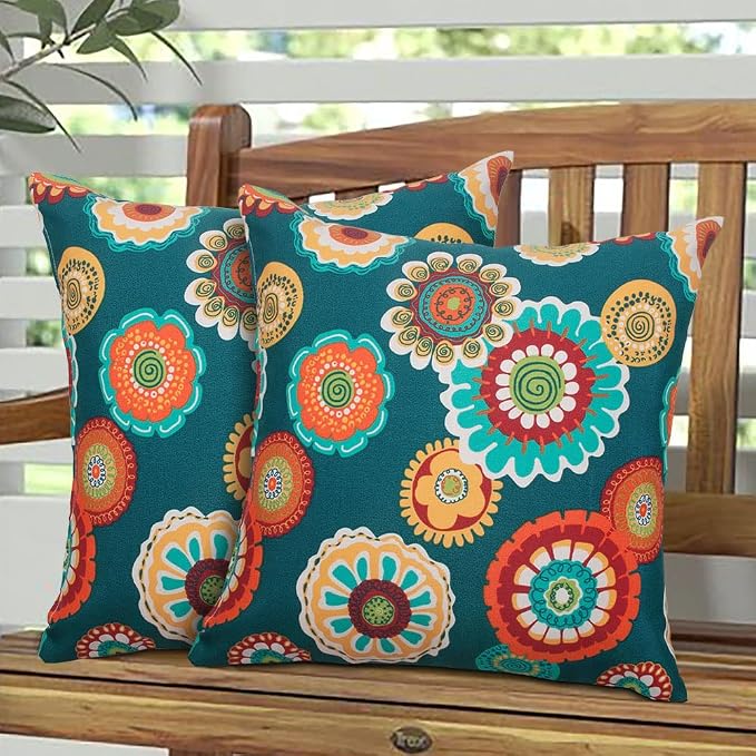 Magpie Fabrcis Pack of 2 Outdoor Waterproof Throw Pillow with Insert 18 x 18 Inch, Christmas Decorative Back Cushion Pad for Garden Patio Tent Balcony Couch Sofa(Floral Green)