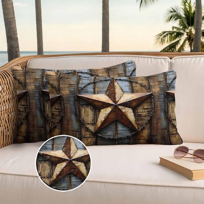 Rustic Star Brown Waterproof Outdoor Pillow Covers Set of 2 Home Decor, Vintage Farmhouse Wooden Grain Art Pillowcase Patio Pillow Covers for Couch Bench Furniture Garden 20x12in