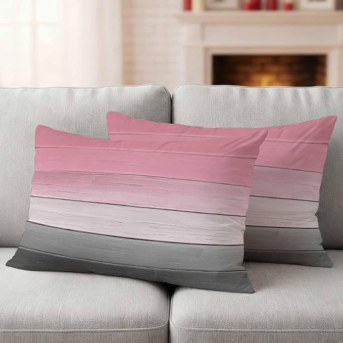 Pink Gray Outdoor Pillow Covers 20x12 Inch Lumbar Pillow Covers Set of 2 Waterproof Decorative Throw Pillow Cases Vintage Country Gradient Wooden Plank Line Cushion Covers for Patio Furniture Garden