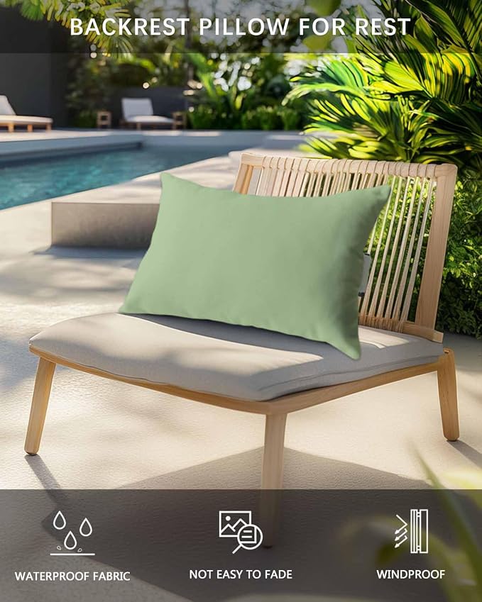 Chaise Lounge Chair Pillow with Strap & Insert Sage Green Outdoor Recliner Head Pillow Pack of 2 Solid Green Color Waterproof Headrest Patio Lumbar Pillow for Beach Pool Office Chair 12x20 Inch