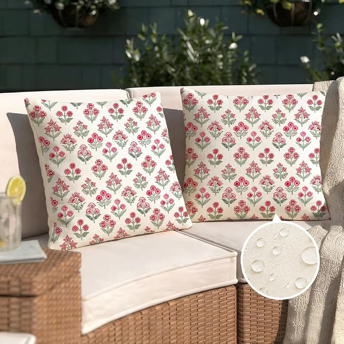 RABUSOFA Red Vintage Floral Summer Pillow Covers Set of 2,Seasonal Flower Oudtdoor Decorative Throw Cuchion Cases Spring Summer Decorations for Home Patio Couch Decor 18x18 Inch