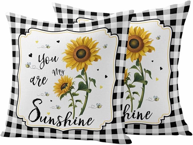 Vandarllin Outdoor Throw Pillows Covers 18X18 Set of 2 Waterproof Yellow Sunflower Bees Decorative Zippered Lumbar Cushion Covers for Patio Furniture, Black Buffalo Check Plaid