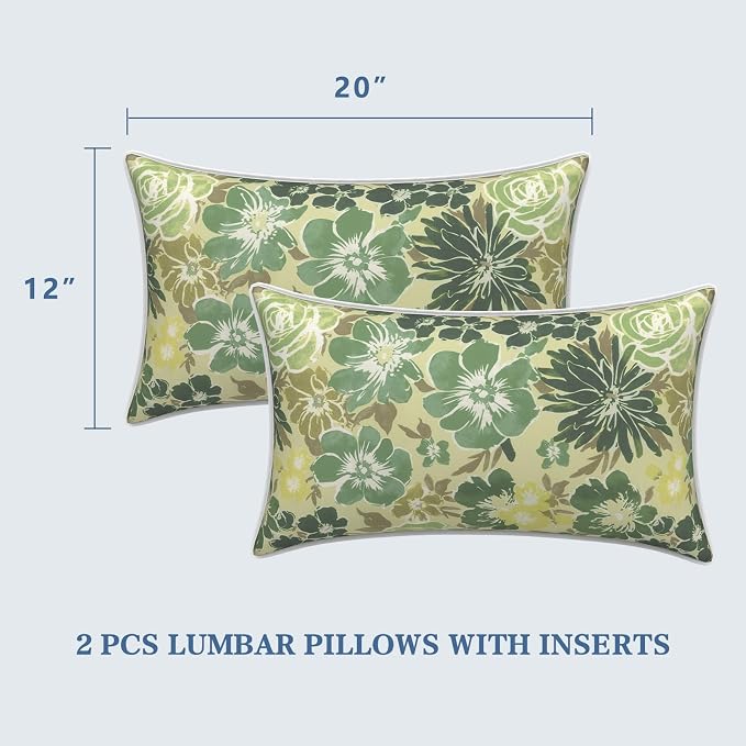 LVTXIII 2 Pack Outdoor Lumbar Pillows 12x20 Inch with White Piping, Fade Resistant Support Throw Pillows with Inserts for Patio Furniture, Sofa, Chair, Green Rose