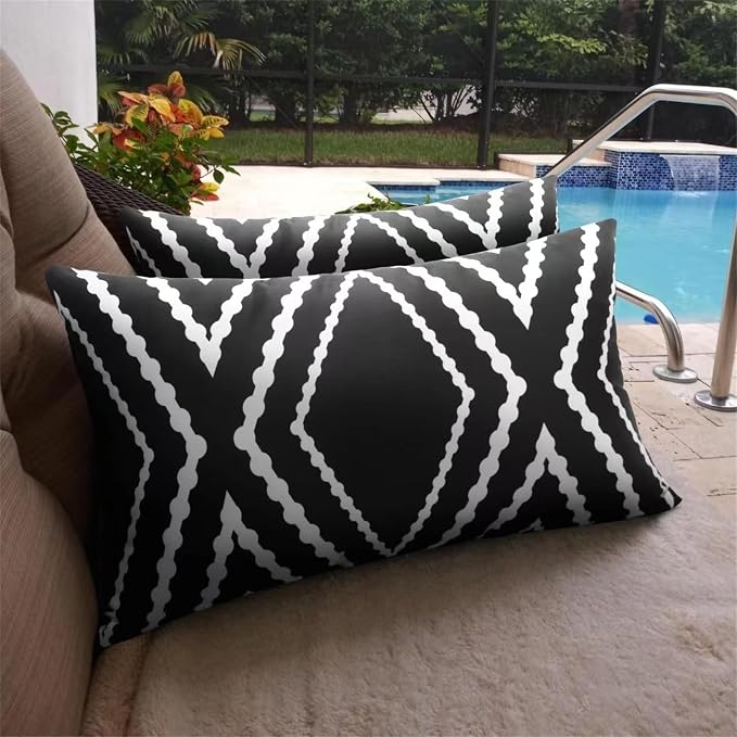 Adabana Outdoor Waterproof Pillow Covers 12x20 Black | Geometric Decorative Throw Pillow Covers Set of 2 for Patio, Garden, Porch, Farmhouse