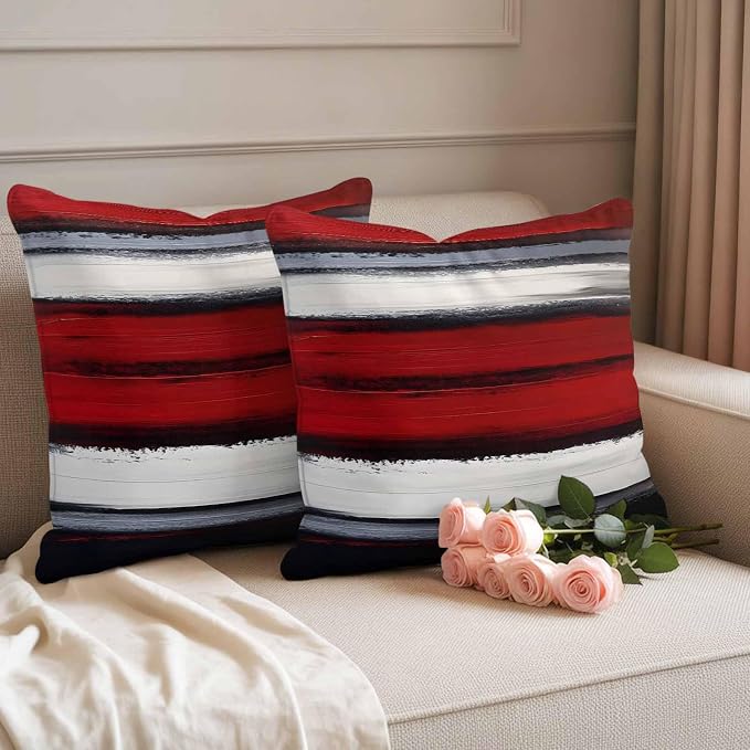 Red and Black Strip Outdoor Pillow Covers 24"x24" Set of 2, Classic Modern Art Waterproof Throw Pillow Covers for Patio Furniture, Decorative Cushion Covers for Porch