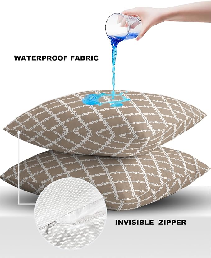 Outdoor Waterproof Pillow Covers for Patio Furniture Moroccan Pattern Decorative Throw Pillow Cover Beige Pillowcases Set of 2 Cushion Case for Sofa Couch Chair Home Decor 26x26 inch