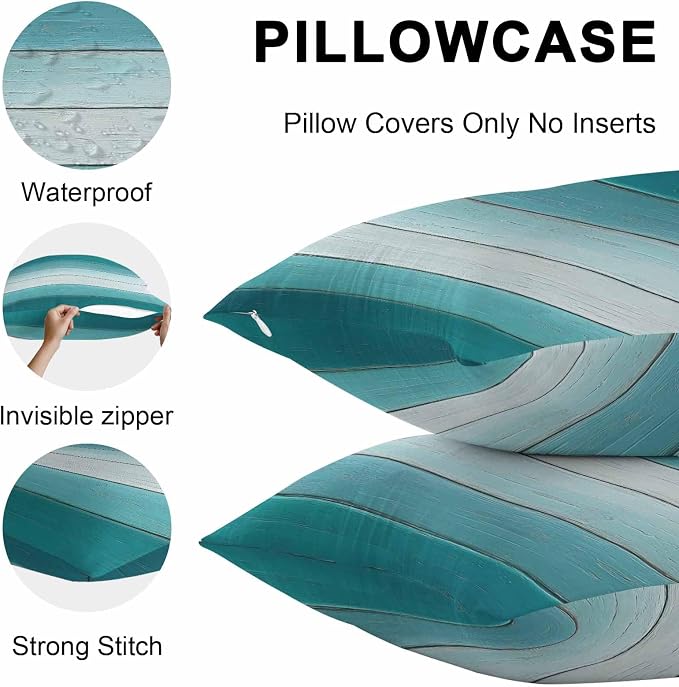 Teal Turquoise Outdoor Pillow Covers 20x12 Inch Lumbar Pillow Covers Set of 2 Waterproof Decorative Throw Pillow Cases Farmhouse Abstract Gradient Wooden Plank Cushion Covers for Patio Furniture