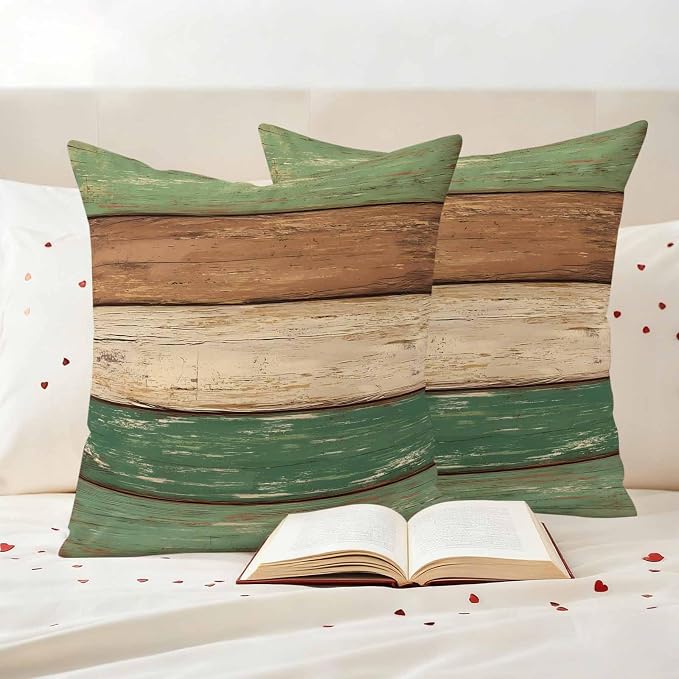 Farmhouse Dark Sage Green Brown Outdoor Waterproof Pillow Covers, Vintage Wooden Striped Decorative Square Throw Pillowcase Sofa Cushion Sham for Patio/Couch/Chair, 18"x18" 2 Pack