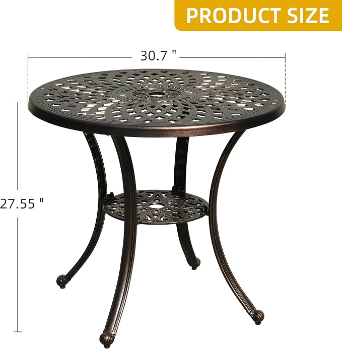 DWVO 30 Inches Round Patio Dining Table with Umbrella Hole, Antique Cast Aluminum Outdoor Bistro Table Outdoor Side Table for Backyard, Garden, Patio, Porch, Hammered Bronze