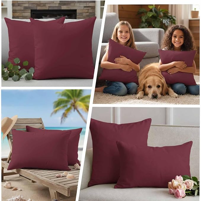 Outdoor Pillow Covers 24 x 24 Inches, Red Solid Color Waterproof Throw Pillow Cover Set of 2, Aesthetics Contemporary Luxury Decorative Square Cushion Covers for Patio/Couch/Garden
