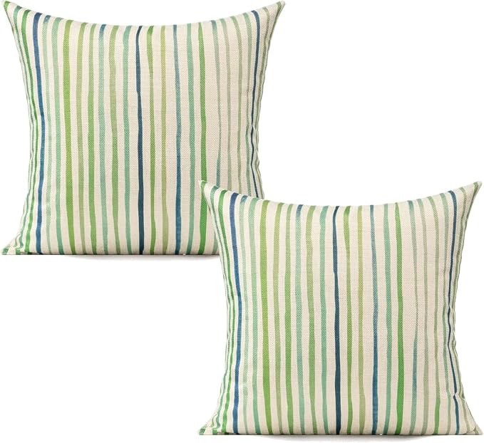 All Smiles Sage Green Outdoor Waterproof Throw Pillow Covers 16x16 Set of 2 | Spring Summer Decorative Cushion Cases Porch Decor for Patio Bench Garden Furnitures Couch Sofa,Sage Green Lines Stripes