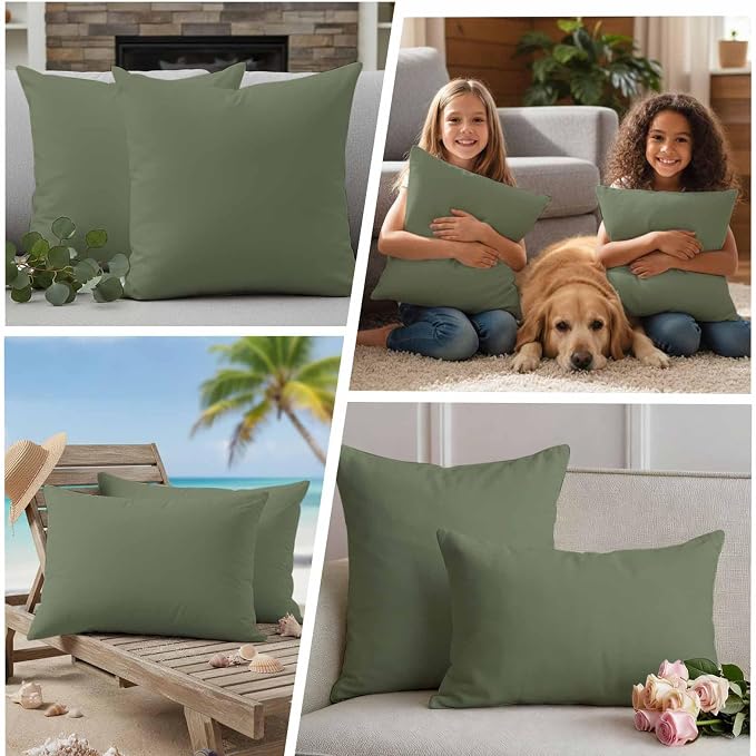 Lumbar Pillow Covers 12 x 20 Inches, Green Solid Color Waterproof Throw Pillow Cover Set of 2, Aesthetics Contemporary Luxury Decorative Rectangle Cushion Covers for Patio/Couch/Garden