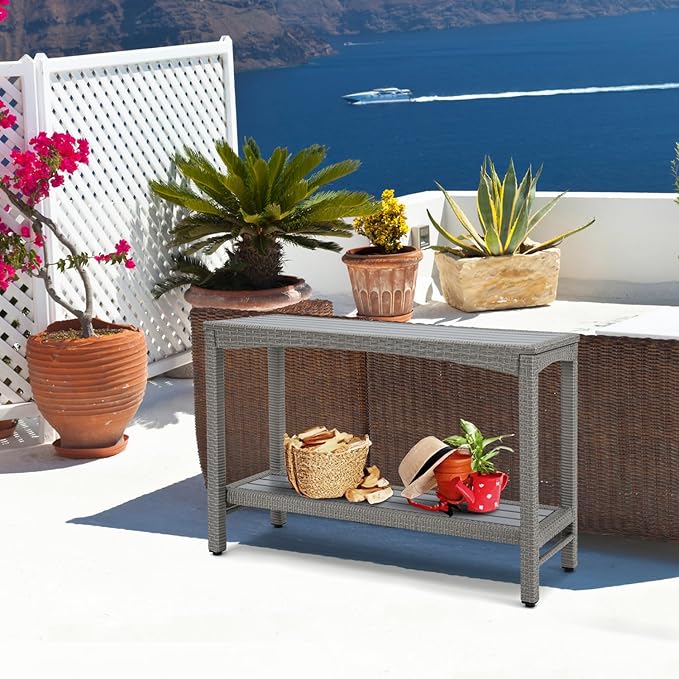 Outdoor Console Table Patio Buffet Bar Storage Organizer 45" Long Wicker Sofa Serving Sideboard Table 2-Shelf Outdoor Narrow Bar Table Tall Rectangle with Adjustable Feet for Entryway Grey