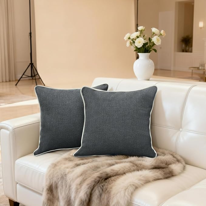 HER HWA Outdoor Pillow Covers White Piping 18"x18" Set of 2, Carbon Gray | durable fade-resistant water-resistant 100% polyester white piping smooth zipper machine washable for indoor outdoor décor