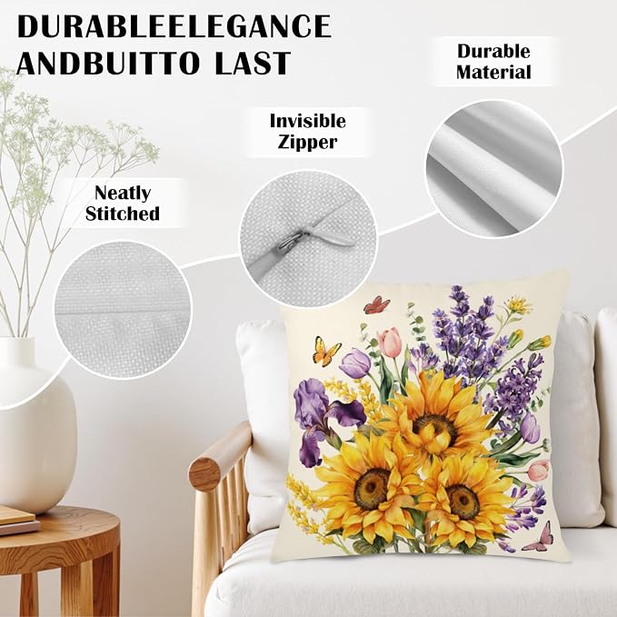 Sunflower Pillow Covers Floral Purple Lavender Butterfly Throw Pillow Covers Spring Summer Tulip Iris Flower Pillow Cases 22x22 for Home Farmhouse Couch Sofa Bed Decor 2 Pack