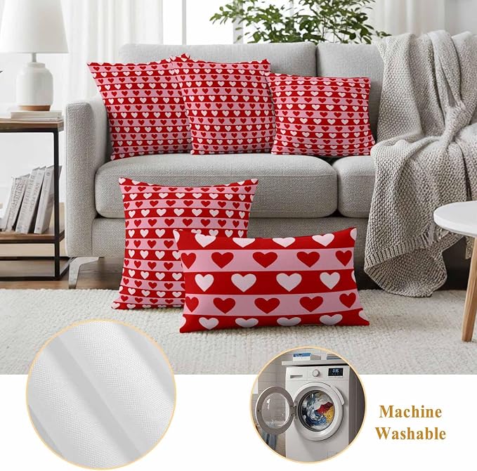 Outdoor Waterproof Throw Pillow Covers, Valentine's Day Decorative Pillow Cases, Romantic Pink Red Love Heart Stripes Couch Pillow Protector Patio Sofa Cushion Covers Replacement 24"x24" 2 Pack