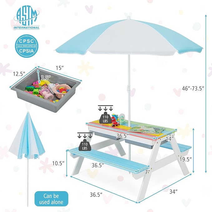 HONEY JOY Kids Picnic Table, 4 in 1 Cedar Wooden Sand & Water Table w/ 2 Removable Box & Umbrella, Kids Picnic Tables for Outdoors Backyard Garden, Toddler Patio Furniture Set for Boys Girls(Blue)