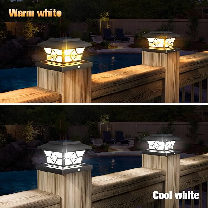 VOLISUN Solar Post Cap Lights Outdoor, Solar Powered Fence Cap Lights for 4x4 Vinyl/Wood, Black Waterproof Solar Deck Post Light 8Pack Cool/Warm for Garden Patio Porch