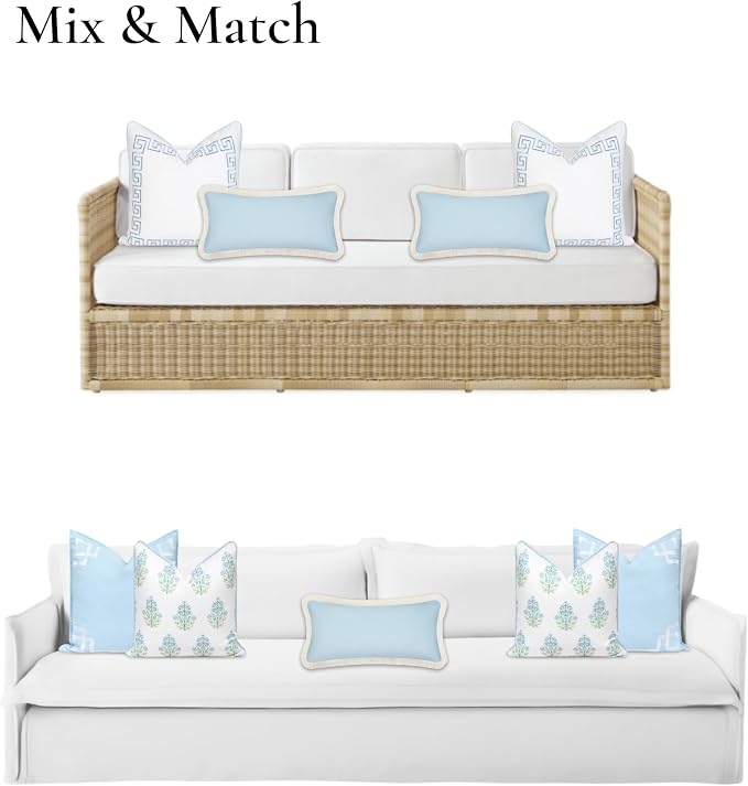 Hofdeco Premium Coastal Patio Indoor Outdoor Long Lumbar Pillow Cover Only, 12"x26" Water Repellent for Backyard, Couch, Baby Blue Solid with Fringe