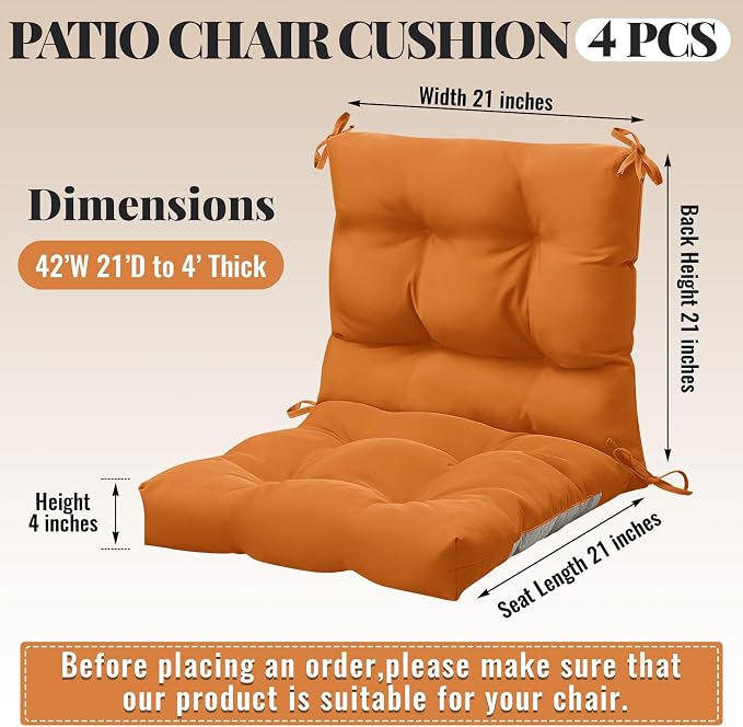 Marsui 4 Pcs Outdoor Indoor High Back Chair Cushions Patio Furniture Tufted Pillow with Ties Water-Resistant Replacement Outdoor Rocking Chair Cushions, 42 x 21 Inches (Orange,Solid Color)