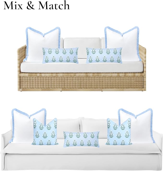 Hofdeco Premium Coastal Grandmillennial Patio Indoor Outdoor Lumbar Pillow Cover Only, 12"x26" Water Repellent for Backyard, Couch, Poolside, Baby Blue Green Print Flower