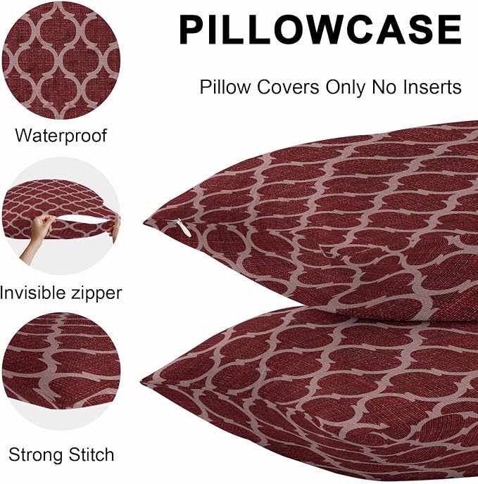 Deep Red Morocco Outdoor Pillow Covers 26x26 Inch Throw Pillow Covers Set of 2 Waterproof Decorative Pillow Cases Retro Farmhouse Quatrefoil Plaid Cushion Covers for Patio Furniture Garden Couch Sofa