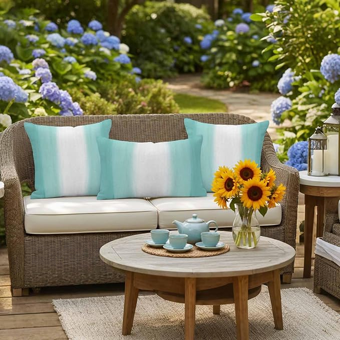 Teal Abstract Stripes Outdoor Pillow Covers 20"x12" Set of 2, Modern Teal White Gradient Waterproof Throw Pillow Covers for Patio Furniture, Decorative Cushion Covers for Porch