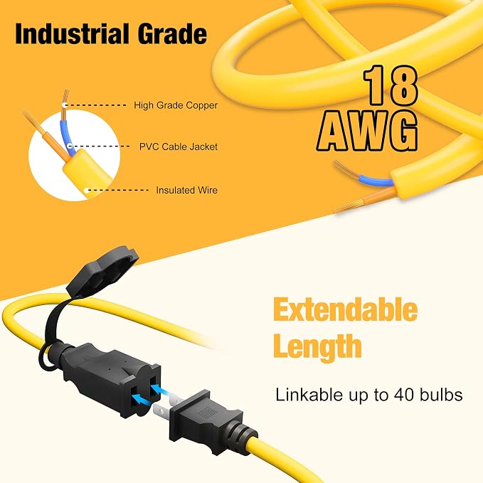 50FT LED Construction String Light, 50W 6000Lm,18AWG Wire,5000K Linkable String Work Lights with 5 Bulbs & Hooks, Industrial Temporary Lighting for Construction Site, Crawl Space,Job Site,Attic