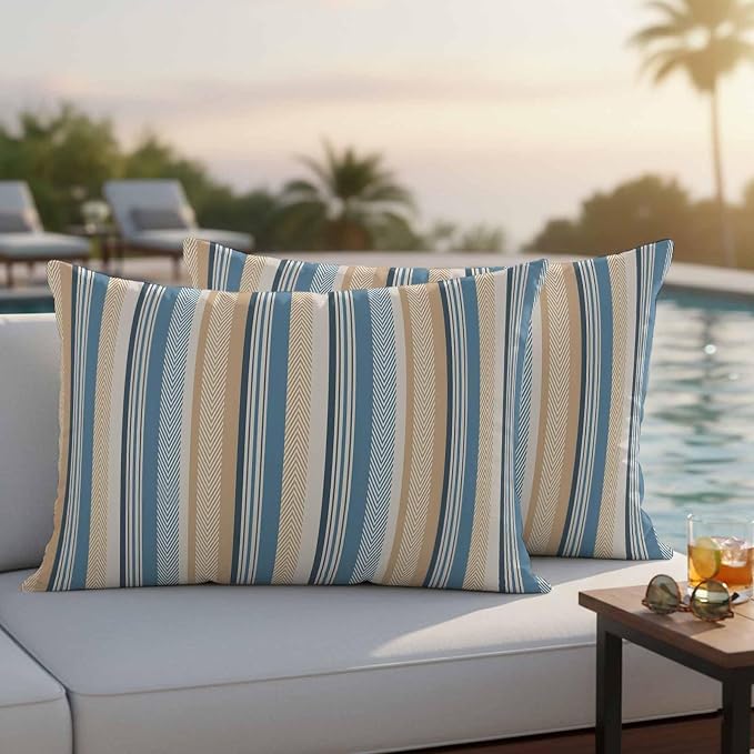 Blue Brown Beige Outdoor Pillow Covers 20x12 Inch Lumbar Pillow Covers Set of 2 Waterproof Decorative Throw Pillow Cases Boho Farmhouse Abstract Stripes Art Cushion Covers for Patio Furniture Garden