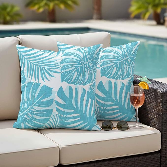 Aqua Blue Palm Leaves Outdoor Pillow Covers 16"x16" Set of 2, Tropical Botanical Minimalist Modern Waterproof Throw Pillow Covers for Patio Furniture, Decorative Cushion Covers for Porch