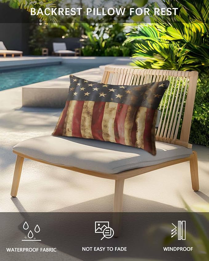 Pack of 2 Outdoor Lumbar Cushions with Inserts, American Vintage US Flag Patriot Waterproof Fluffy Fade Body Pillows, Patio Furniture Pillow for Home Balcony Garden Decor 11x16IN