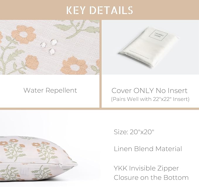 Modern Farmhouse California Casual Indoor Outdoor Throw Pillow Cover, 20"x20" Water Repellent for Patio, Backyard, Couch, Poolside, Ivory Cream Tan Green Print Block Painting Flowers