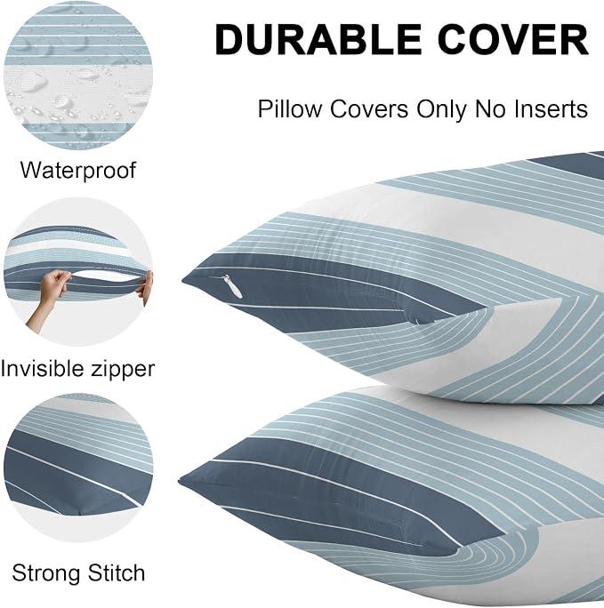 Haze Blue Aqua Stripe Outdoor Pillow Covers Waterproof, All Weather Cushion Case Set of 2, Modern Art Horizontal Striped Decorative Pillowcases for Sofa Couch Bed Decor Patio Furniture 16"x16"