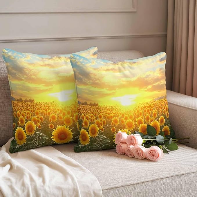 Yellow Sunflowers Waterproof Outdoor Pillow Covers Set of 2 Home Decor, Farmhouse Botanical Floral Sunset Pillowcase Patio Pillow Covers for Couch Bench Furniture Garden 24x24in
