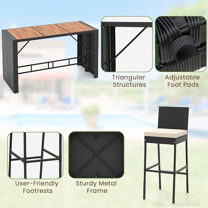HAPPYGRILL 7-Piece Patio Bar Dining Set, PE Rattan Furniture Set w/Acacia Wood Tabletop & Soft Cushions, Outdoor Space-Saving Bar Table & 6 Armless Chairs w/Metal Frame for Balcony, Garden & Backyard