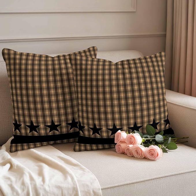 Brown Black Plaid Waterproof Outdoor Pillow Covers Set of 2 Home Decor Vintage Rustic Star Buffalo Check Pillowcase Patio Pillow Covers for Couch Bench Furniture Garden 16x16in