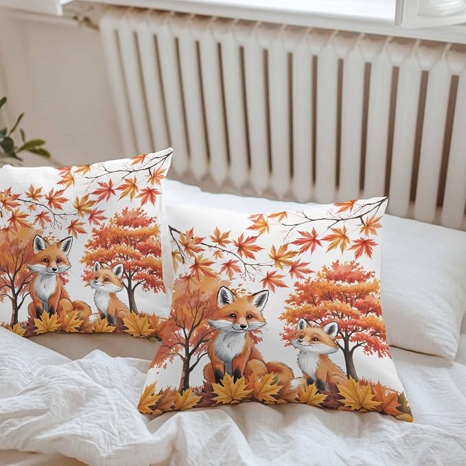Orange Fox Outdoor Waterproof Pillow Covers, Thanksgiving Maple Leaves Autumn Trees Decorative Square Throw Pillowcase Sofa Cushion Sham for Patio/Couch/Chair, 16"x16" 2 Pack