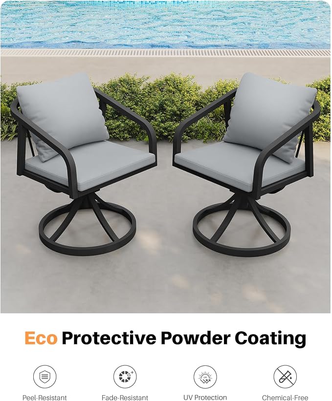 2 Pieces Swivel Patio Chairs, Never-Rust Aluminum Outdoor Dining Chairs with Removable Cushions, Ergonomic Patio Dining Chairs with Wraparound Seating Design for Poolside, Deck, Porch, Black