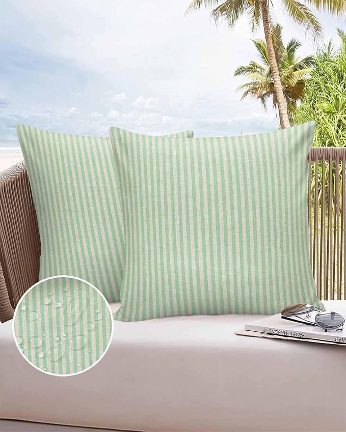 Outdoor Waterproof Throw Pillow Covers Set of 2 Green Stripes Pillowcases 24x24 Inches Linen Classic Vertical Striped Patio Decorative Pillows Cushion Case Patio Pillows for Couch Bed Chair Garden