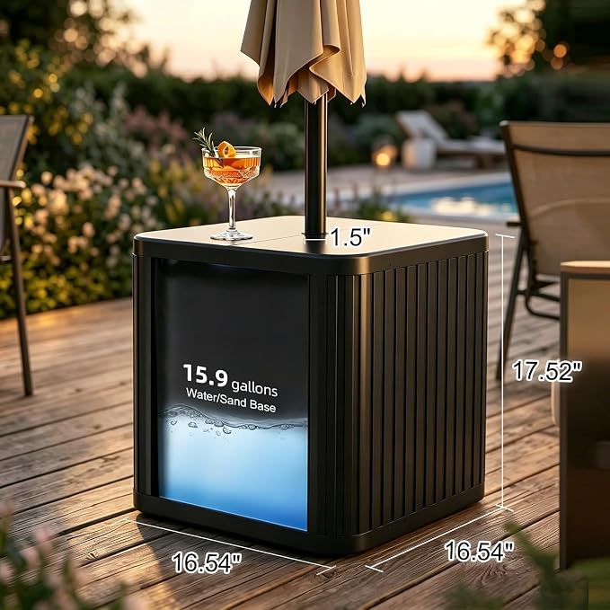 2-in-1 Umbrella Side Table – 16.54" Outdoor Patio Table with Fillable 15 Gal Water/Sand Base, Fits 1.5" Pole, UV Resistant for Pool, Deck, Garden (Black)