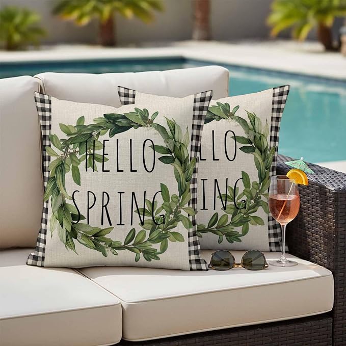 Hello Spring Outdoor Pillow Covers Pack of 2 Green Leaf Plant Black Plaid Vintage Linen Texture Waterproof Throw Pillow Covers Decorative Cushion Cases for Patio Garden Tent Balcony Couch 24x24 inch