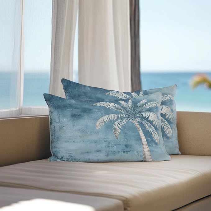 Coastal Beach Tree Blue Grey Outdoor Waterproof Pillow Covers, Vintage Summer Palm Tropical Botanical Decorative Rectangle Throw Pillowcase Sofa Cushion Sham for Patio/Couch/Chair, 20"x12" 2 Pack