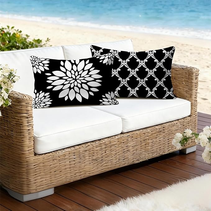 Outdoor Waterproof Throw Pillow Covers 12x20 Set of 4 Black and White Aesthetic Boho Decorative Cushion Cases for Patio Furniture Garden Porch Bench Couch Sunbrella