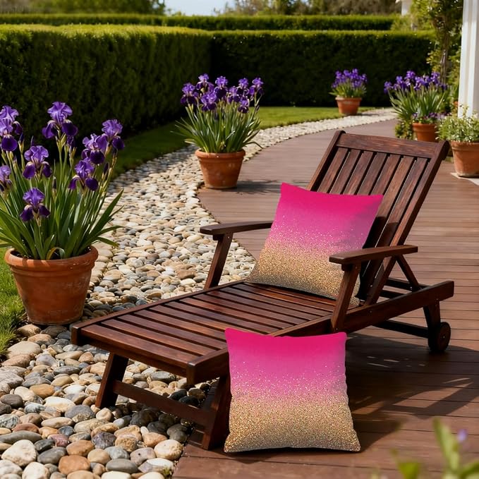18x18 Inch Outdoor Pillow Covers Set of 2 Waterproof Throw Pillow Covers Decorative Couch Cushion Covers Pink Gold Glitter Square Pillowcases Protectors for Patio Garden Sofa